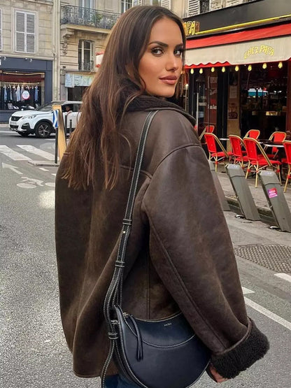 Damen Lederjacke Warm Geschnitten Locker