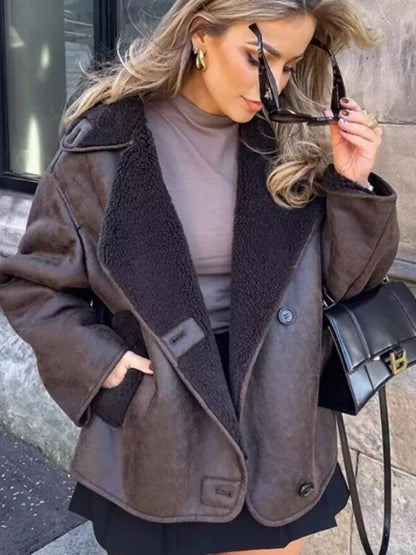 Damen Lederjacke Warm Geschnitten Locker