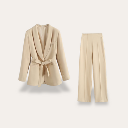 Damen Blazer Set mit Gürtel und Weitbein-Hose Zweiteiler
