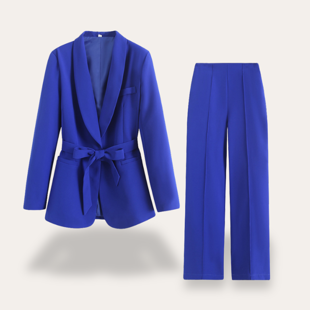 Damen Blazer Set mit Gürtel und Weitbein-Hose Zweiteiler