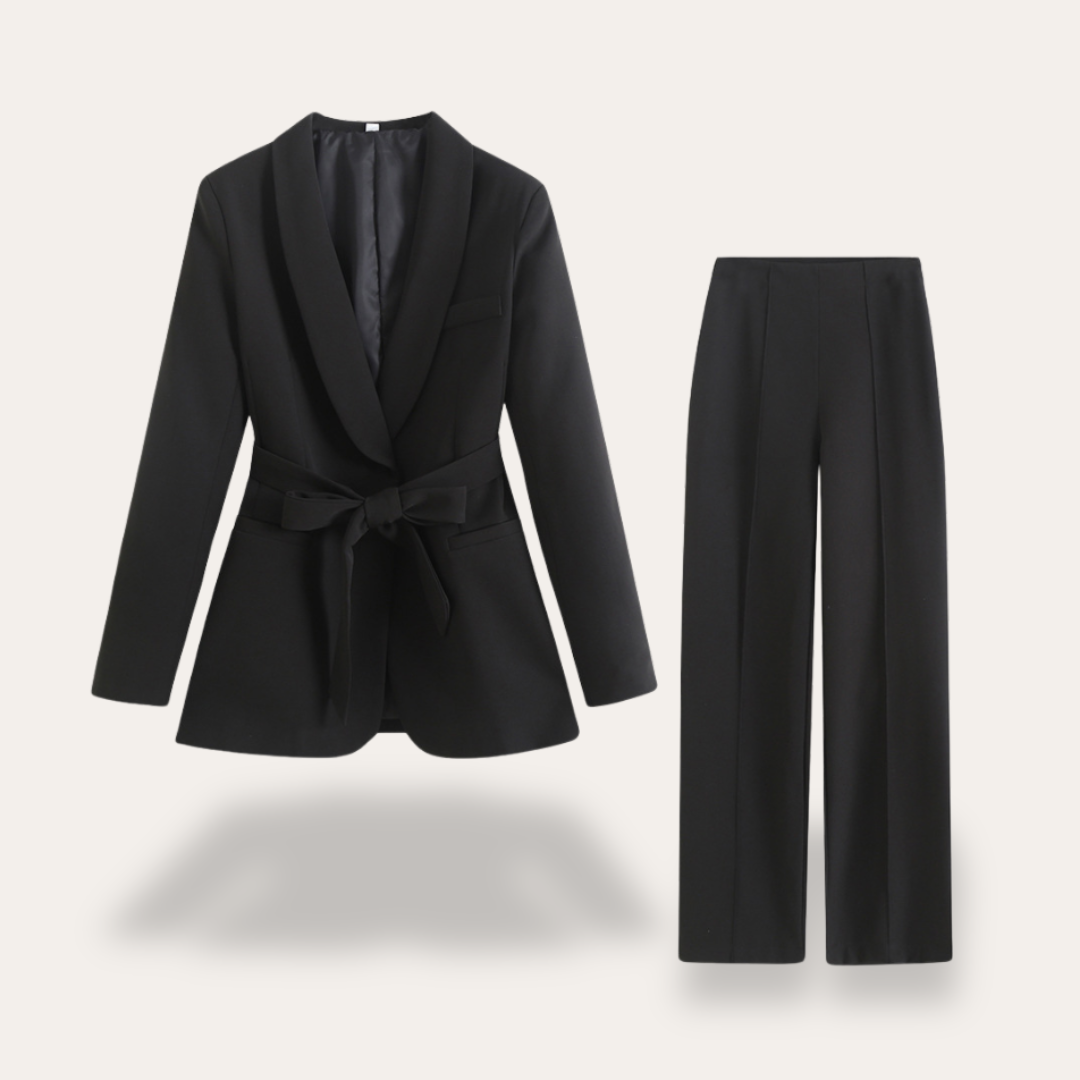 Damen Blazer Set mit Gürtel und Weitbein-Hose Zweiteiler