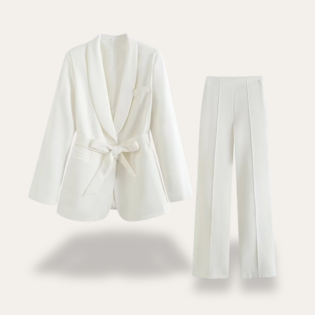Damen Blazer Set mit Gürtel und Weitbein-Hose Zweiteiler