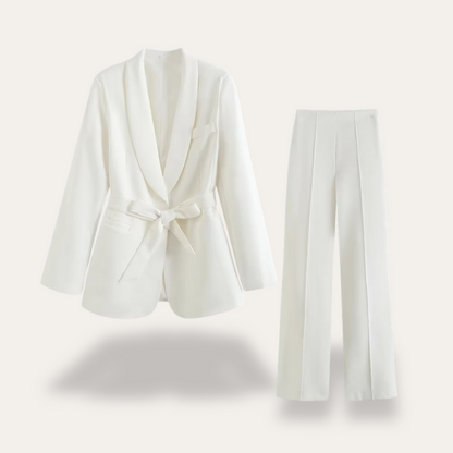 Damen Blazer Set mit Gürtel und Weitbein-Hose Zweiteiler