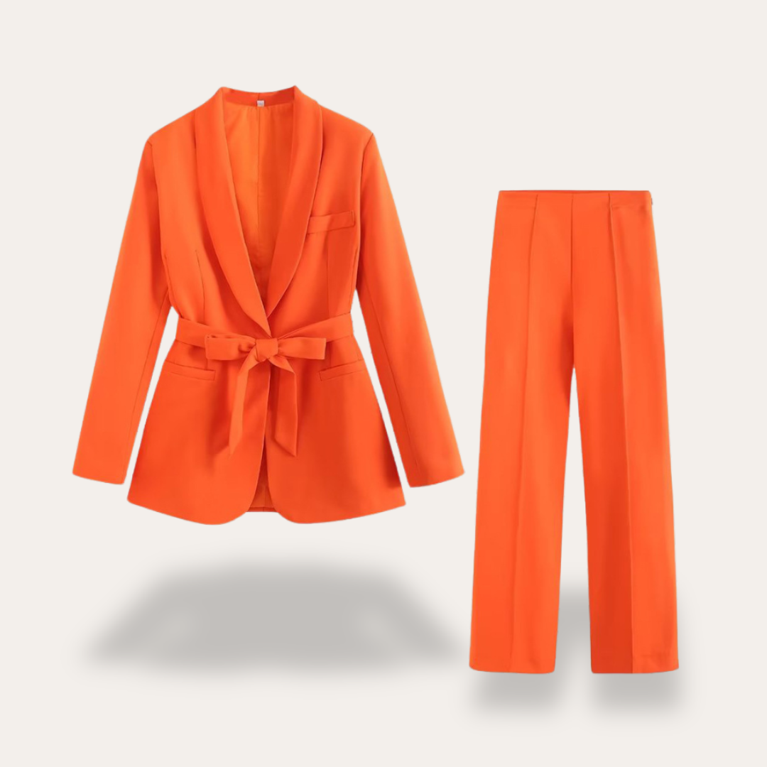 Damen Blazer Set mit Gürtel und Weitbein-Hose Zweiteiler