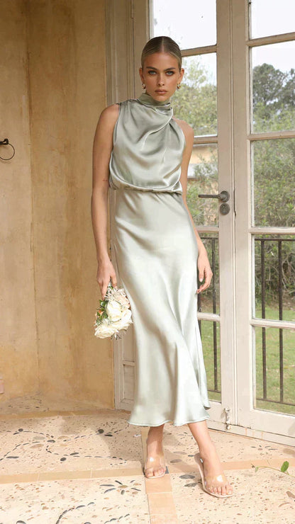 Damen Neckholder-Kleid Midi Elegantes Drapierung