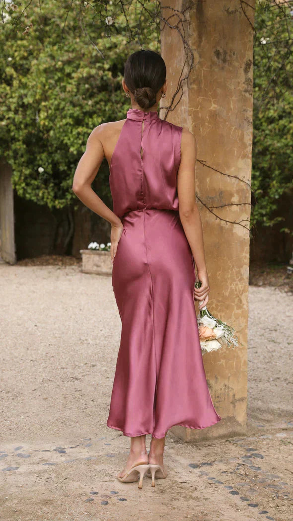 Damen Neckholder-Kleid Midi Elegantes Drapierung