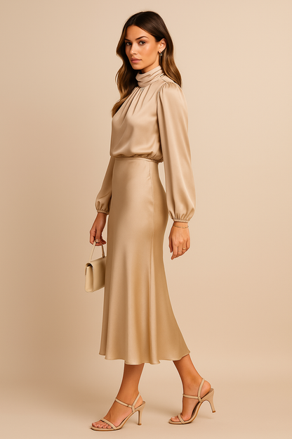Damen Midikleid Langarm Hochhalter Schnitt