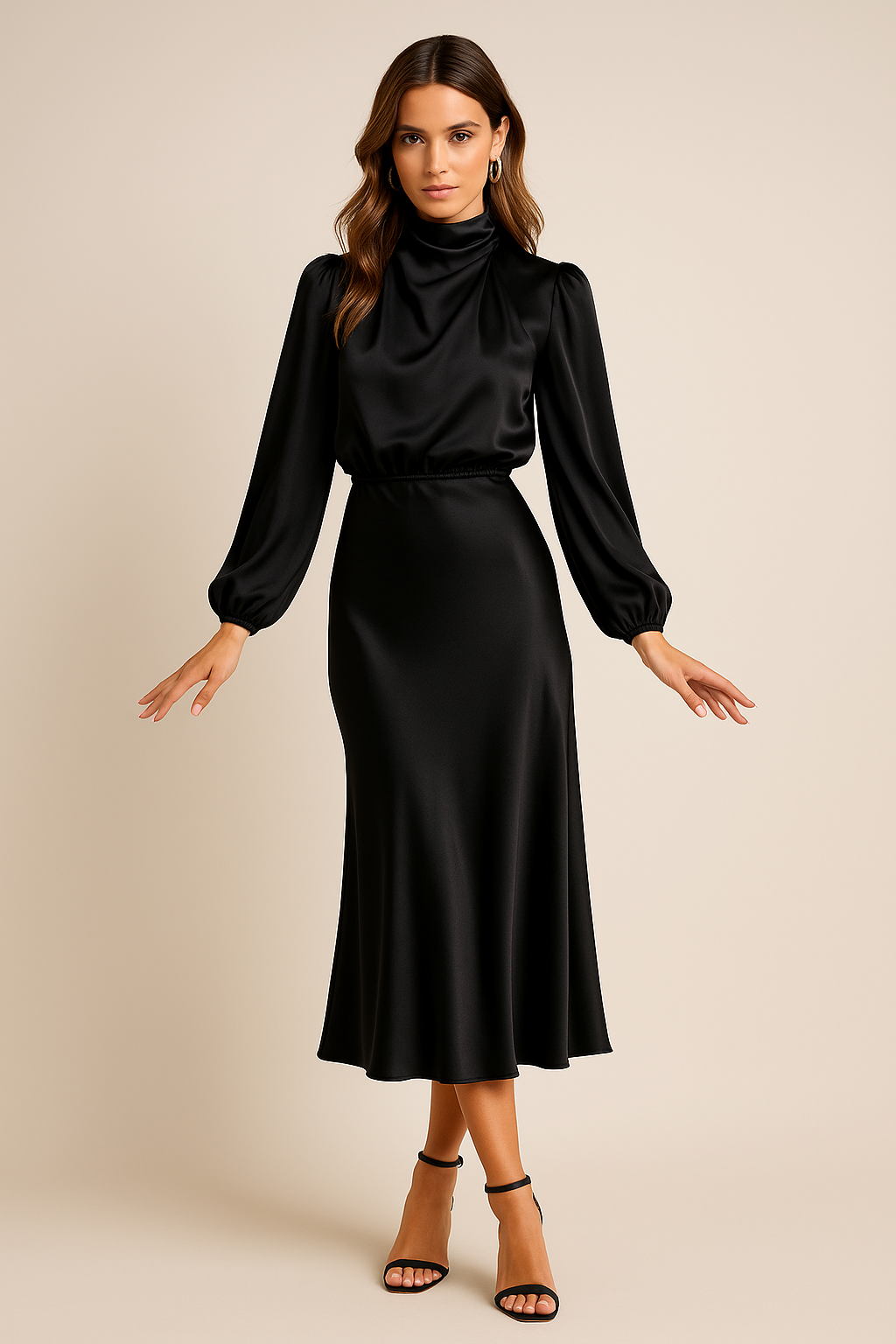 Damen Midikleid Halsausschnitt Hoch mit Ärmeln