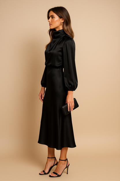 Damen Midikleid Halsausschnitt Hoch mit Ärmeln