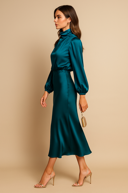 Damen Midikleid Langarm Hochhalter Schnitt