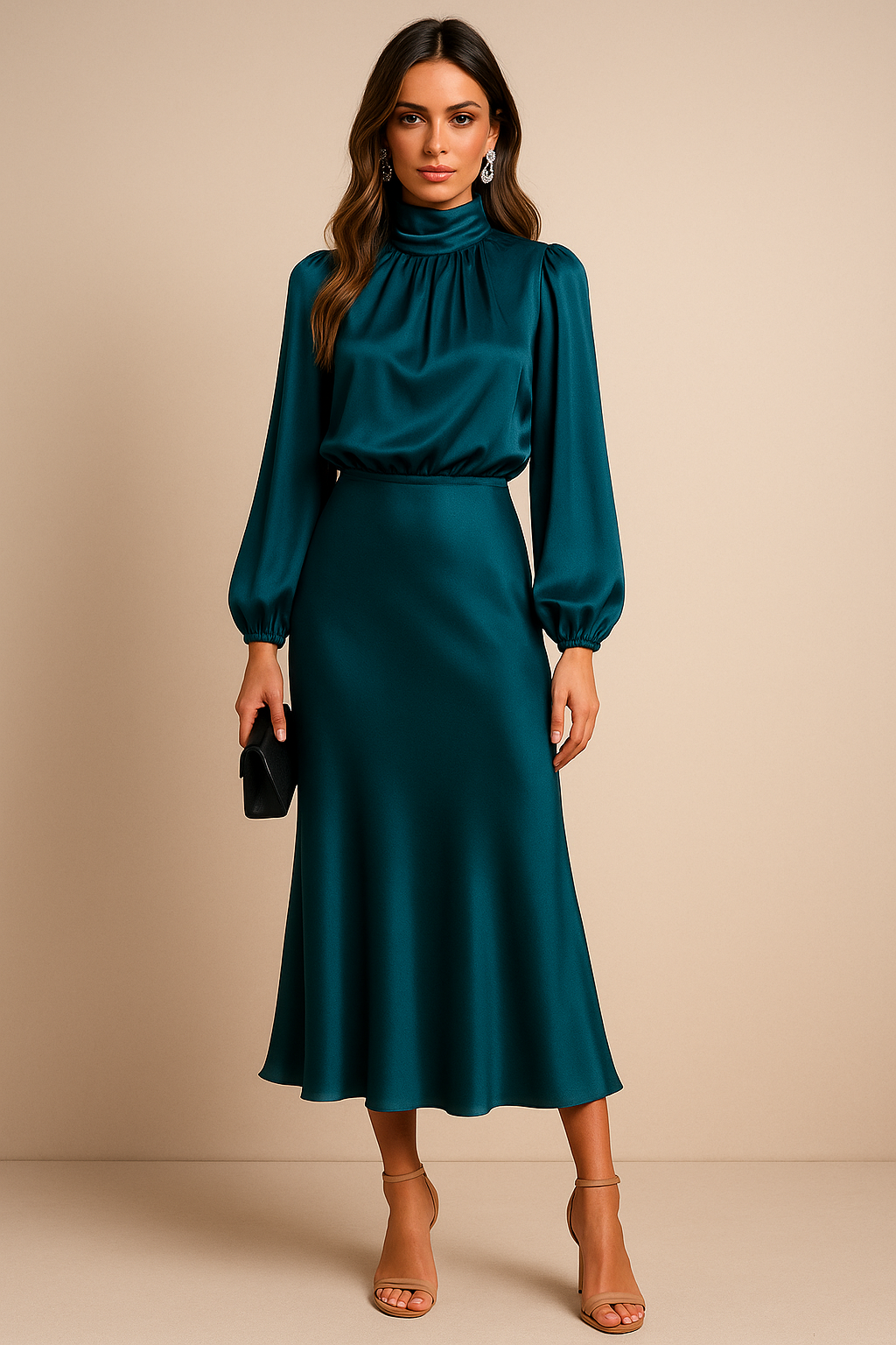 Damen Midikleid Langarm Hochhalter Schnitt