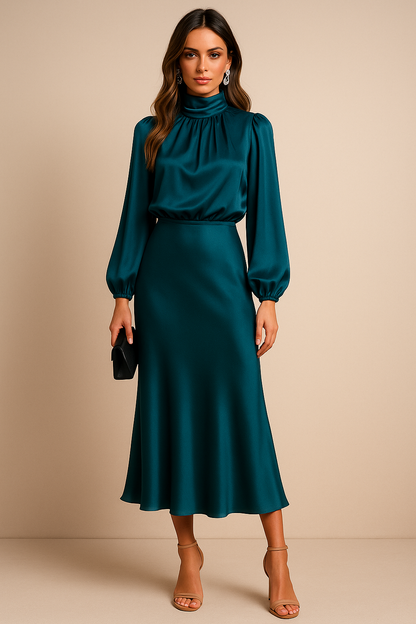 Damen Midikleid Halsausschnitt Hoch mit Ärmeln