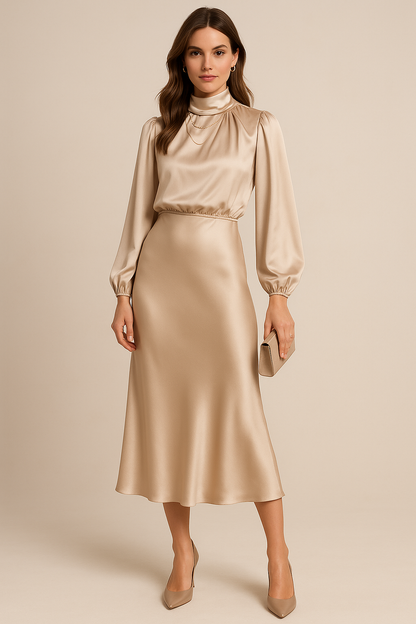 Damen Midikleid Halsausschnitt Hoch mit Ärmeln - Norvielle