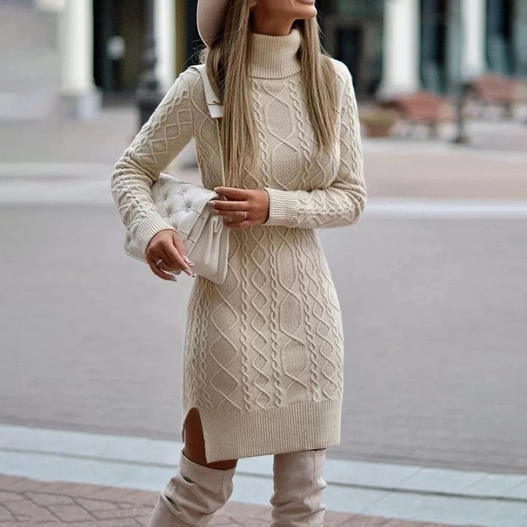 Damen Strickkleid Rollkragen Zopfmuster Weich Warm