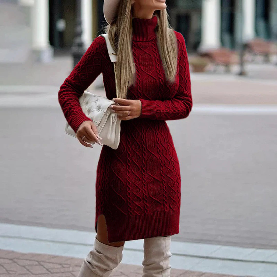 Damen Strickkleid Rollkragen Zopfmuster Weich Warm - Norvielle