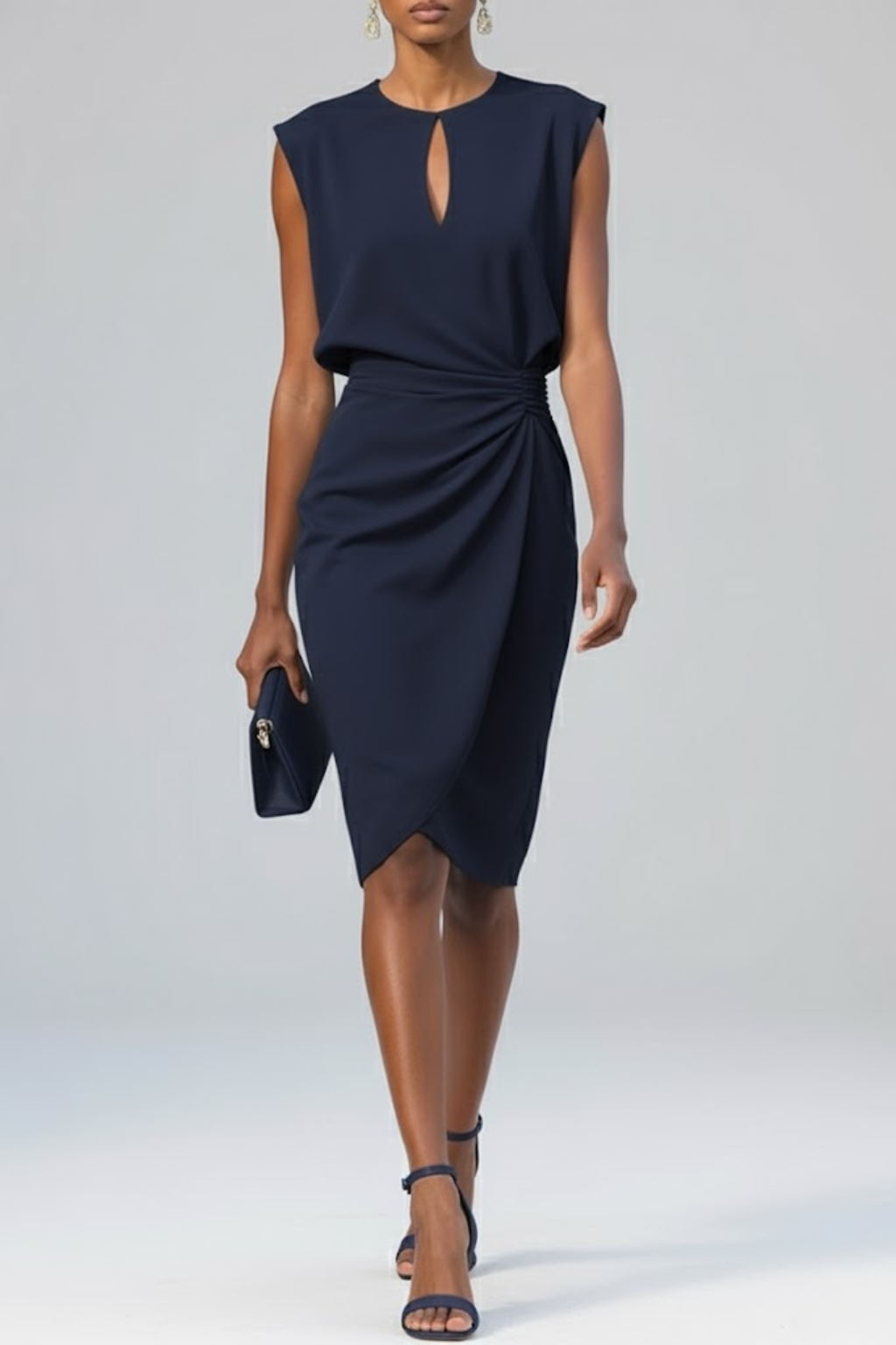 Damen Midi-Kleid V-Ausschnitt Raffung Elegant