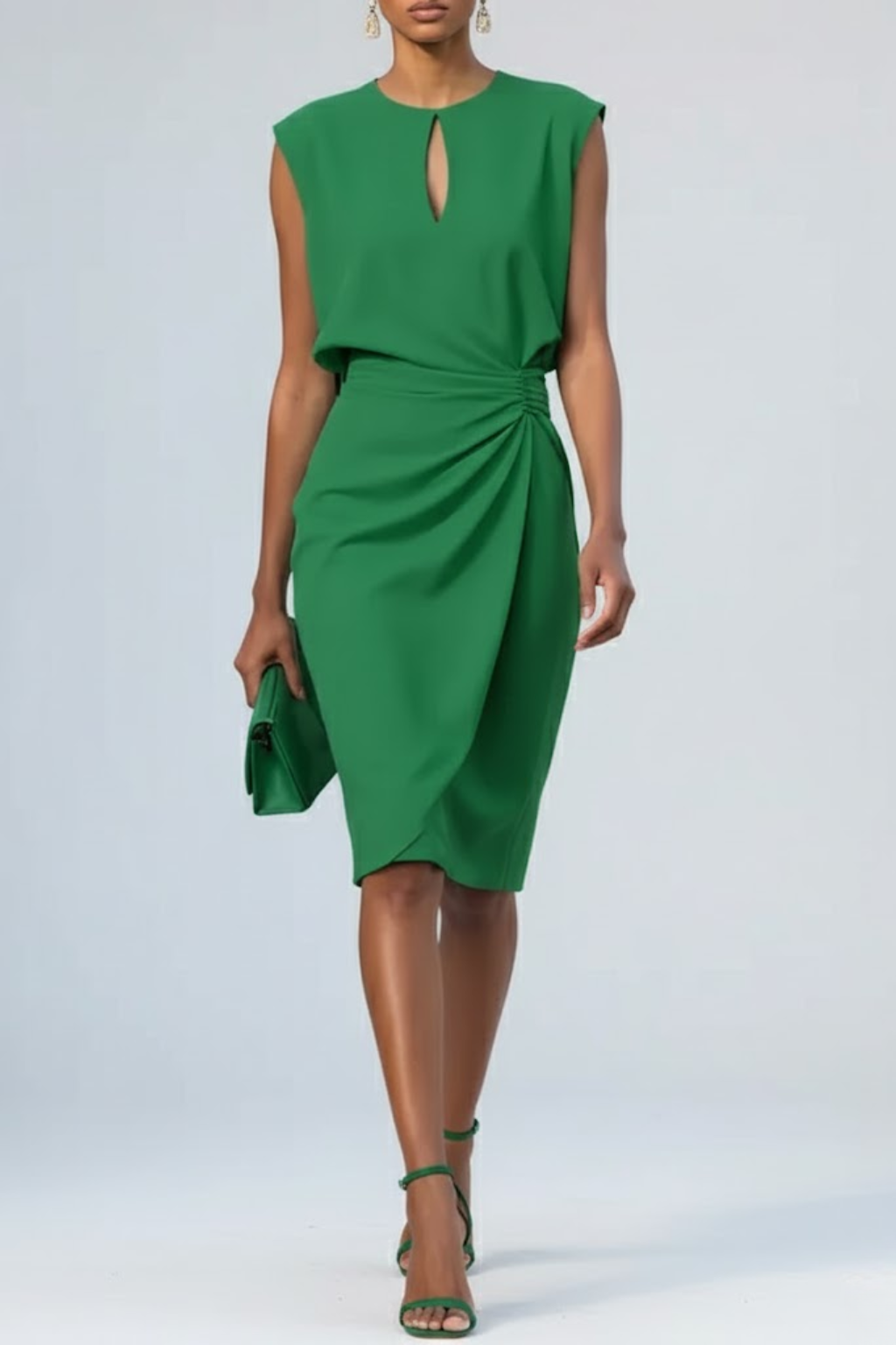 Damen Midi-Kleid V-Ausschnitt Raffung Elegant
