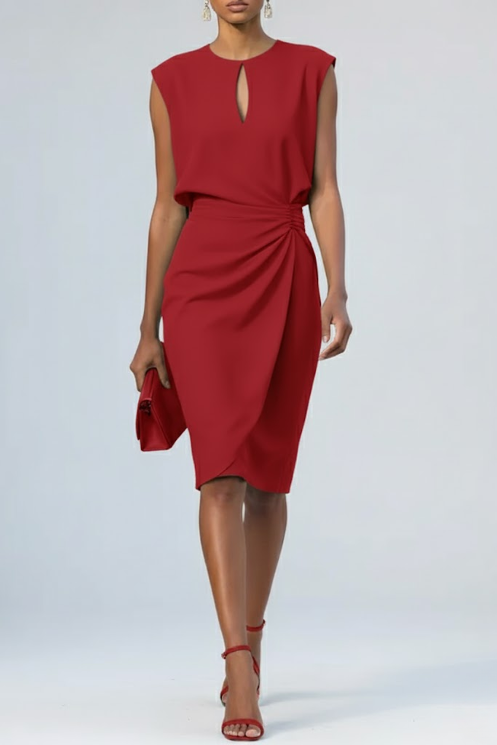 Damen Midi-Kleid V-Ausschnitt Raffung Elegant