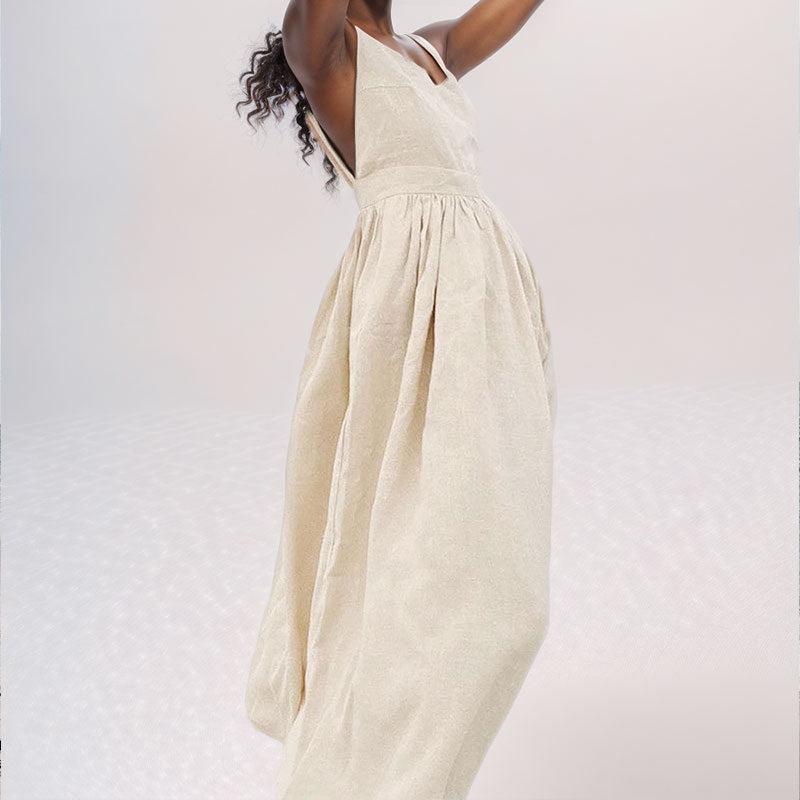 Damen Sommerkleid V-Ausschnitt Rückenausschnitt Midikleid