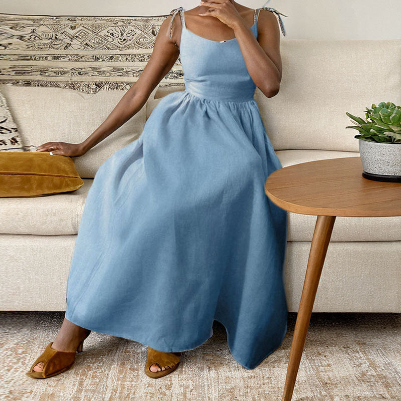 Damen Sommerkleid V-Ausschnitt Rückenausschnitt Midikleid