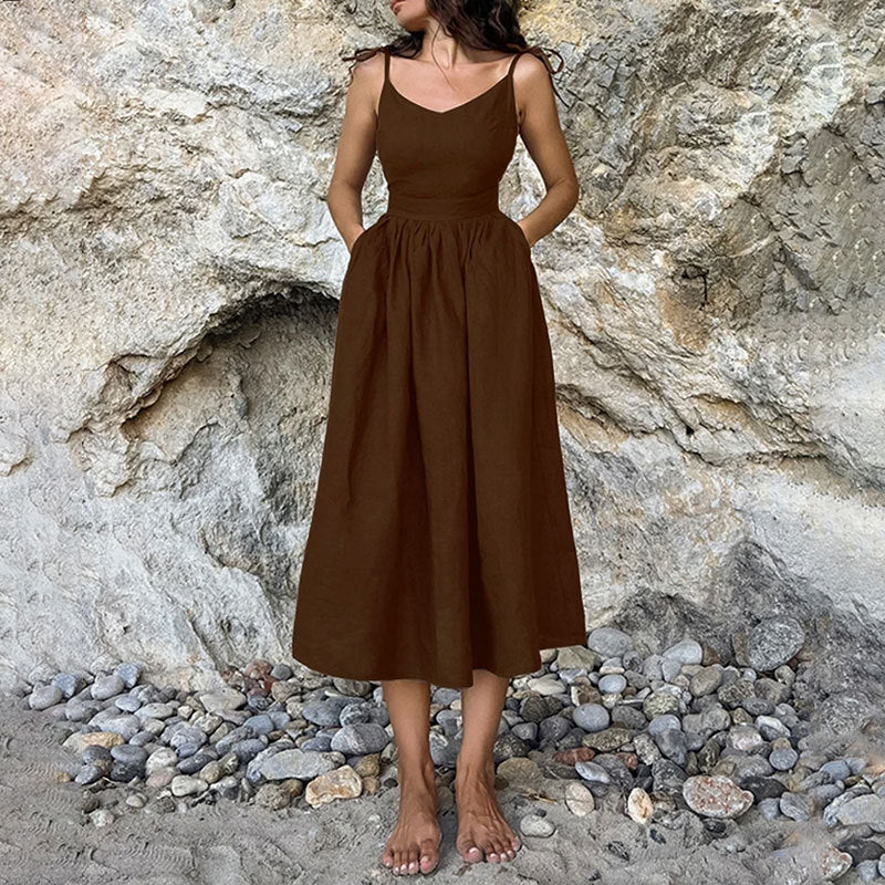 Damen Sommerkleid V-Ausschnitt Rückenausschnitt Midikleid