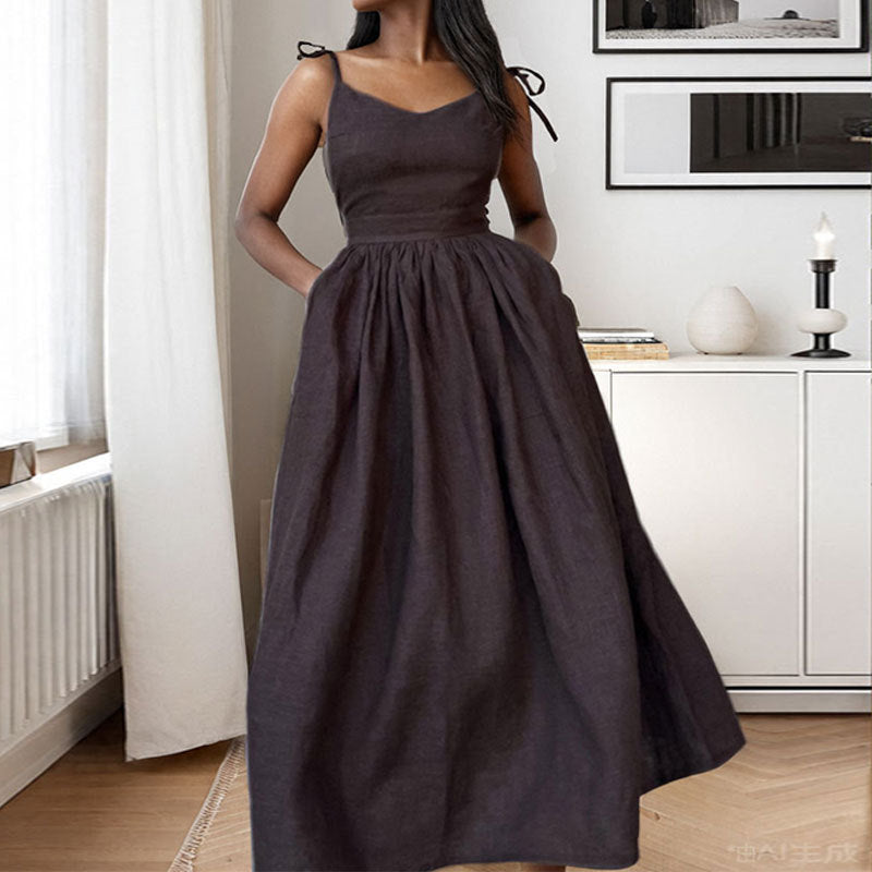 Damen Sommerkleid V-Ausschnitt Rückenausschnitt Midikleid