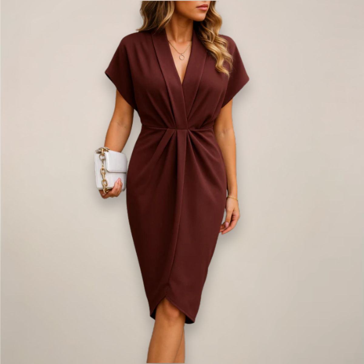 Damen Sommerkleid Kurzarm Mit Schlitz Midilänge