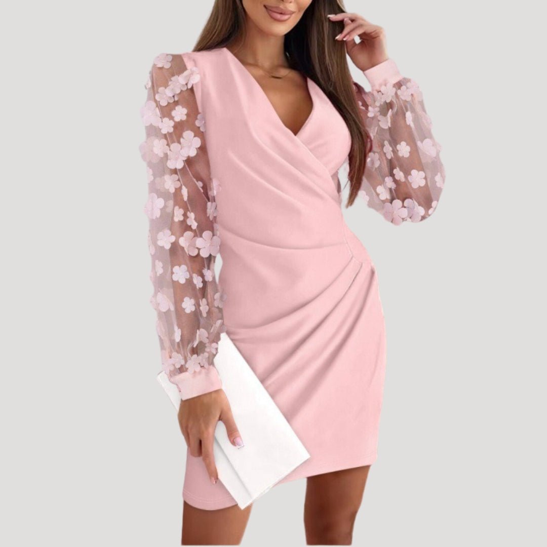 Damen Mini-Kleid Durchsichtige Ärmel Tiefes V-Neck