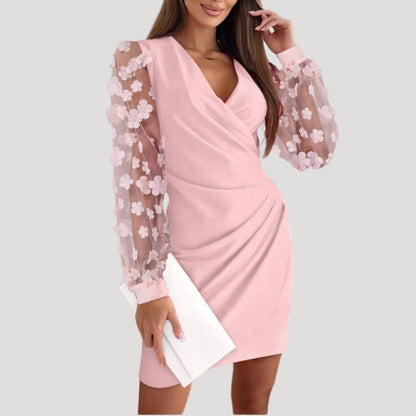Damen Mini-Kleid Durchsichtige Ärmel Tiefes V-Neck