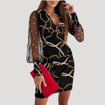 Damen Mini-Kleid Durchsichtige Ärmel Tiefes V-Neck