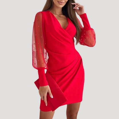 Damen Mini-Kleid Durchsichtige Ärmel Tiefes V-Neck
