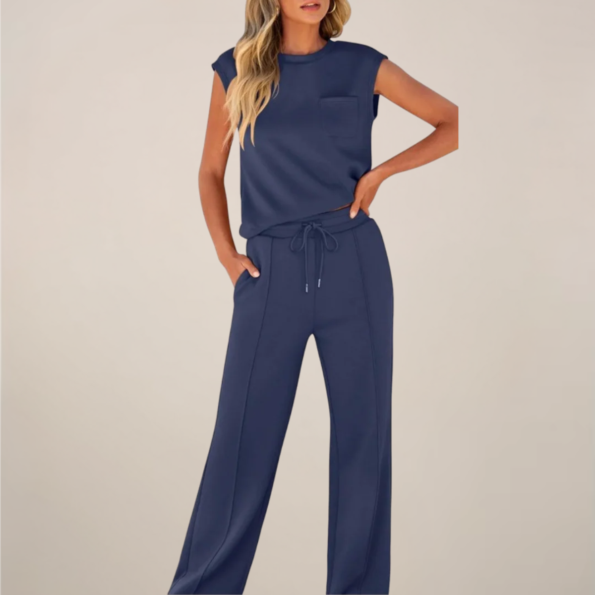 Damen Ärmelloses Oberteil Hose Set mit Kordelzug