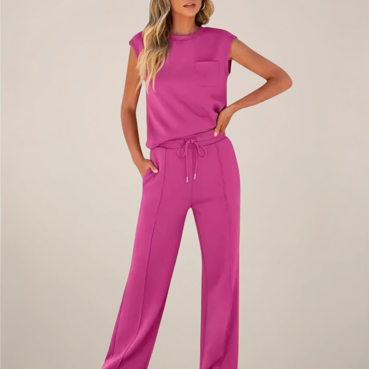 Damen Ärmelloses Oberteil Hose Set mit Kordelzug