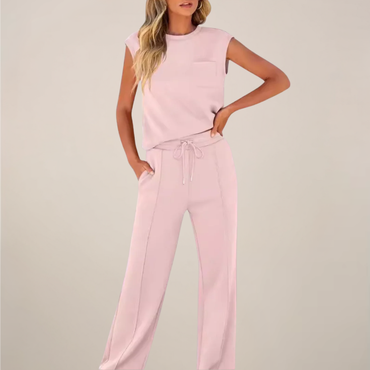 Damen Ärmelloses Oberteil Hose Set mit Kordelzug