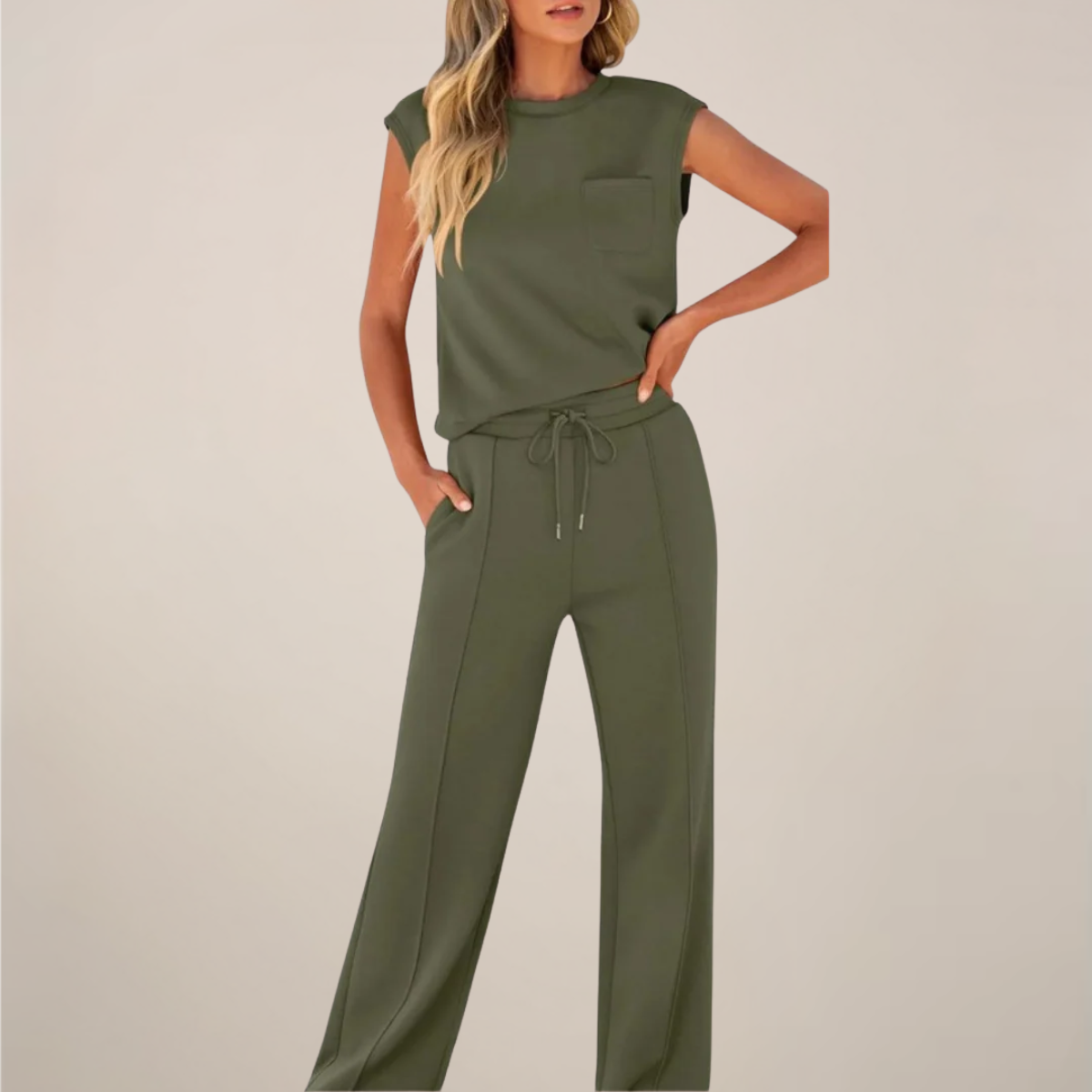 Damen Ärmelloses Oberteil Hose Set mit Kordelzug
