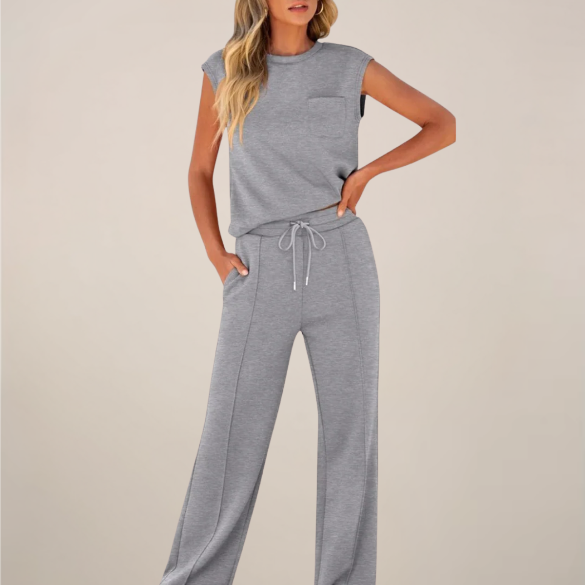 Damen Ärmelloses Oberteil Hose Set mit Kordelzug