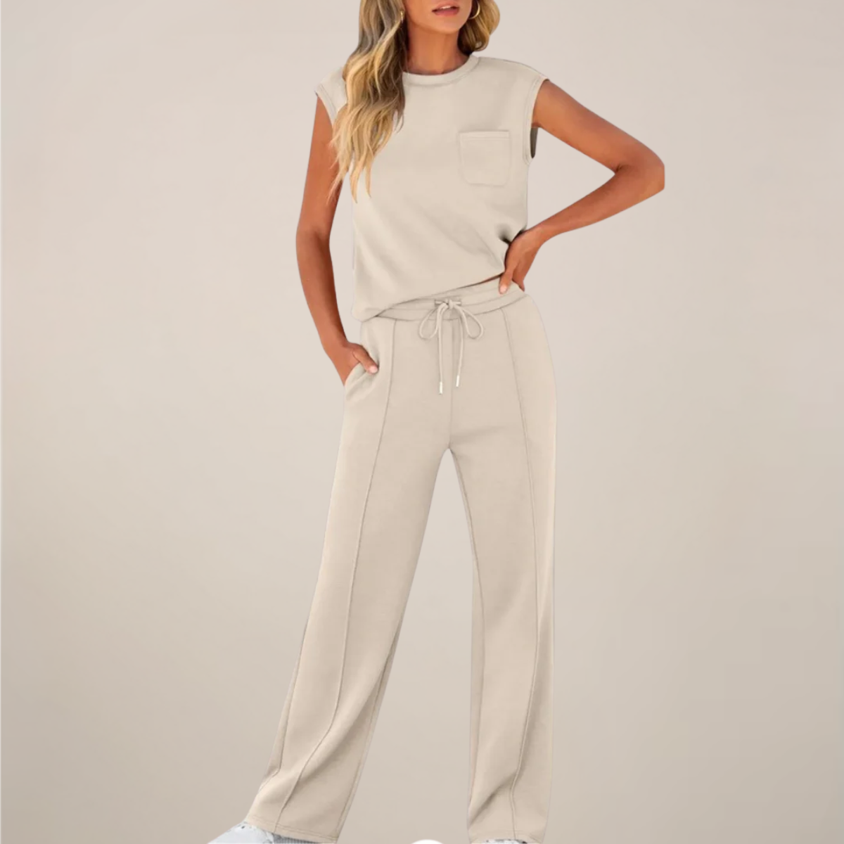 Damen Ärmelloses Oberteil Hose Set mit Kordelzug