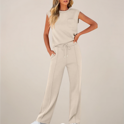 Damen Ärmelloses Oberteil Hose Set mit Kordelzug