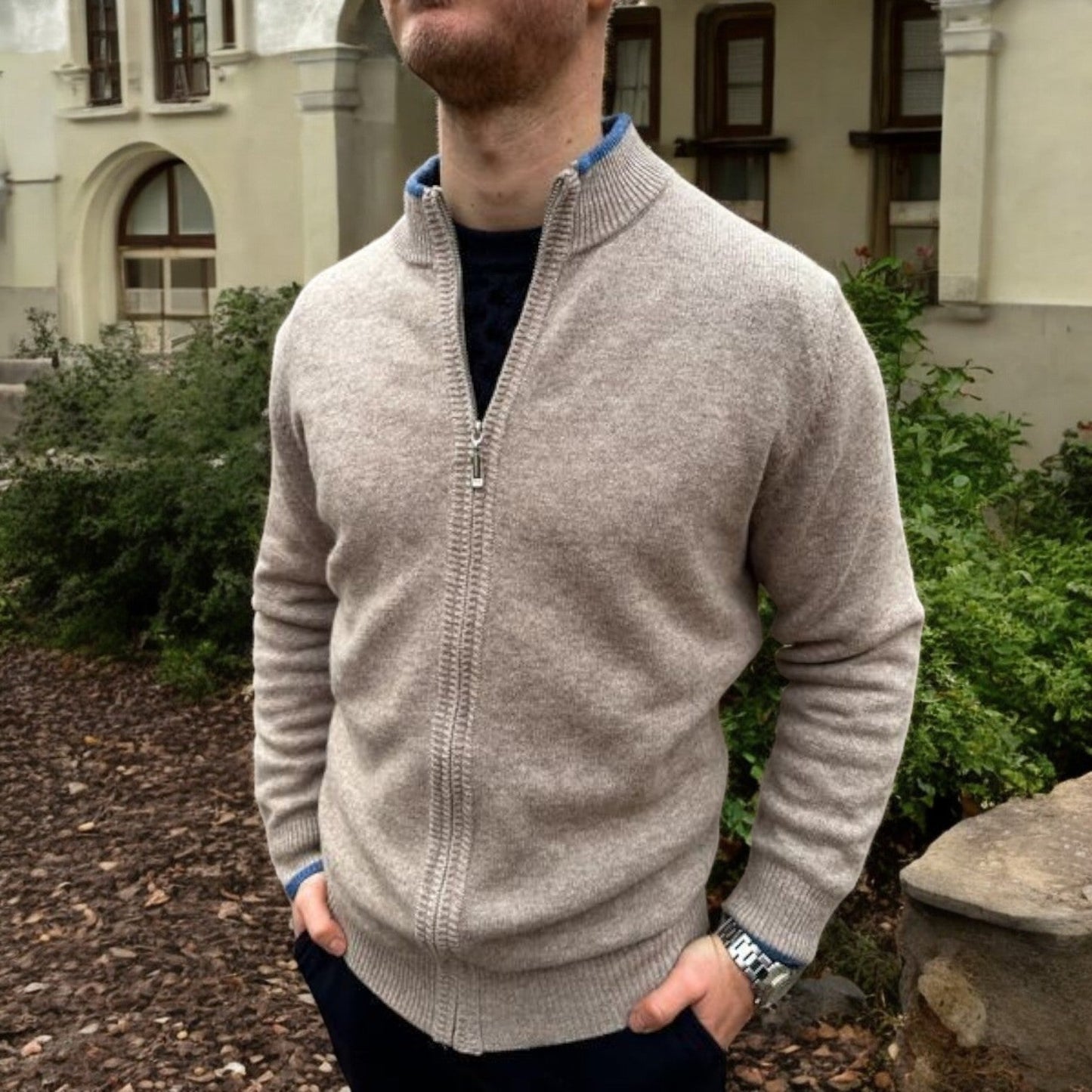 Herren Strickjacke Merino-Wolle Reißverschluss Warm
