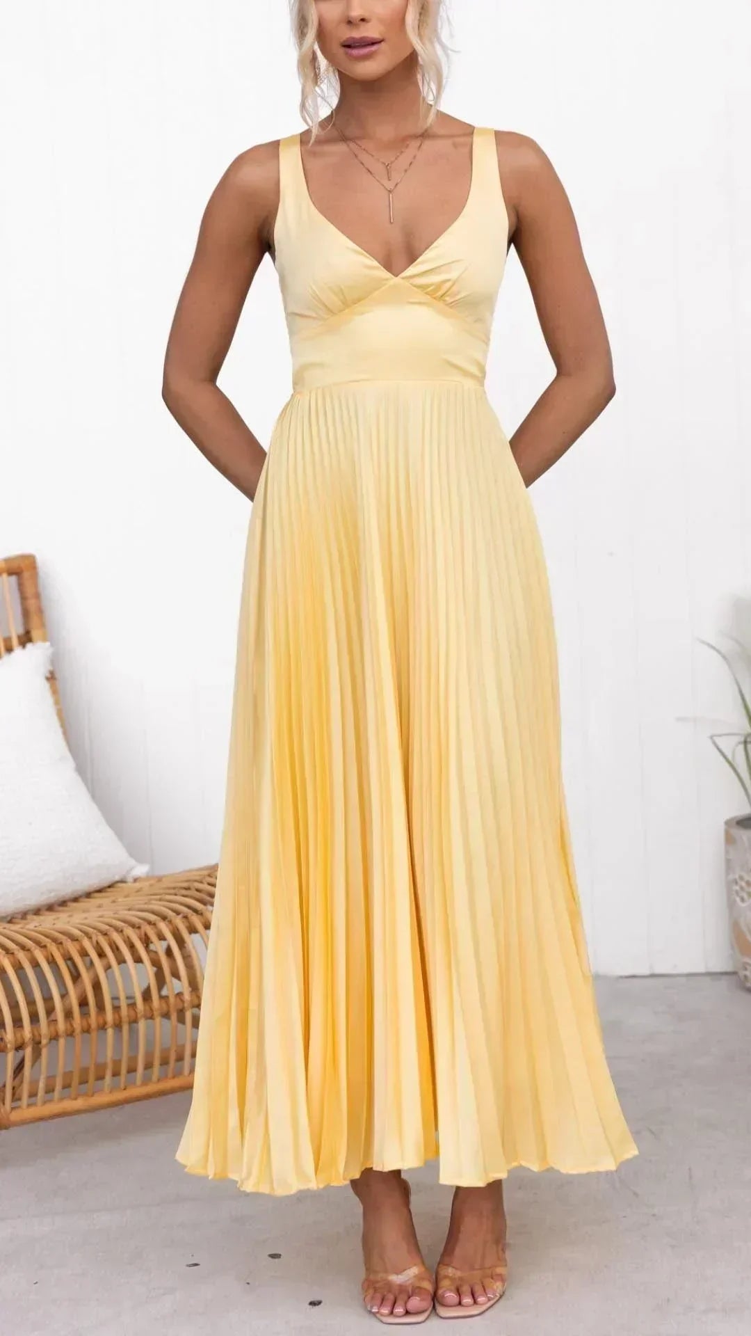 Damen Maxi-Kleid V-Ausschnitt Falten Lang Sommerkleid