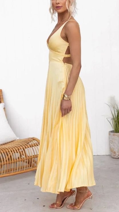 Damen Maxi-Kleid V-Ausschnitt Falten Lang Sommerkleid