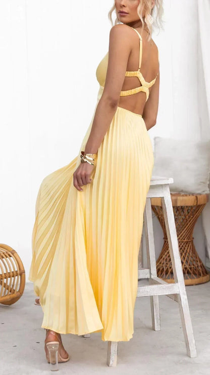 Damen Maxi-Kleid V-Ausschnitt Falten Lang Sommerkleid
