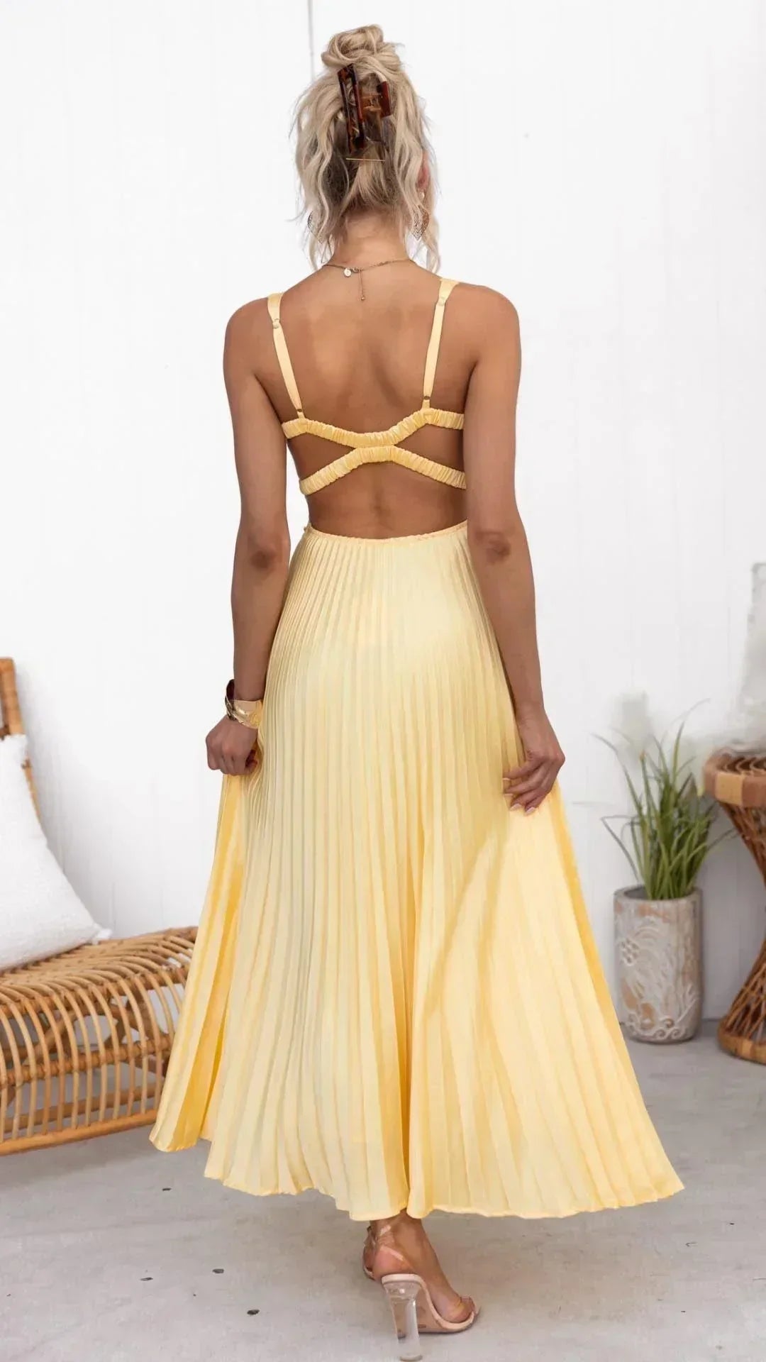 Damen Maxi-Kleid V-Ausschnitt Falten Lang Sommerkleid