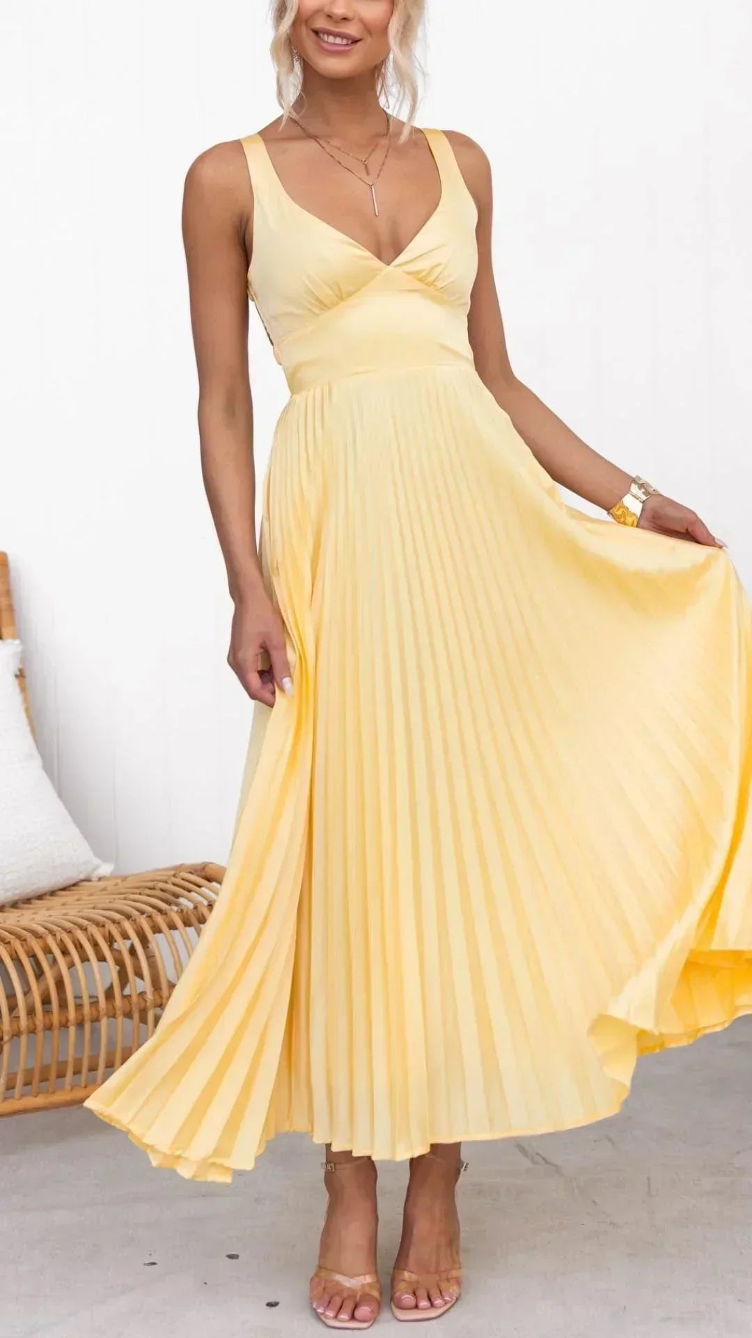 Damen Maxi-Kleid V-Ausschnitt Falten Lang Sommerkleid - Norvielle