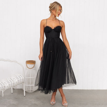 Damen Maxikleid Schulterfrei Netzdesign Sommerkleid