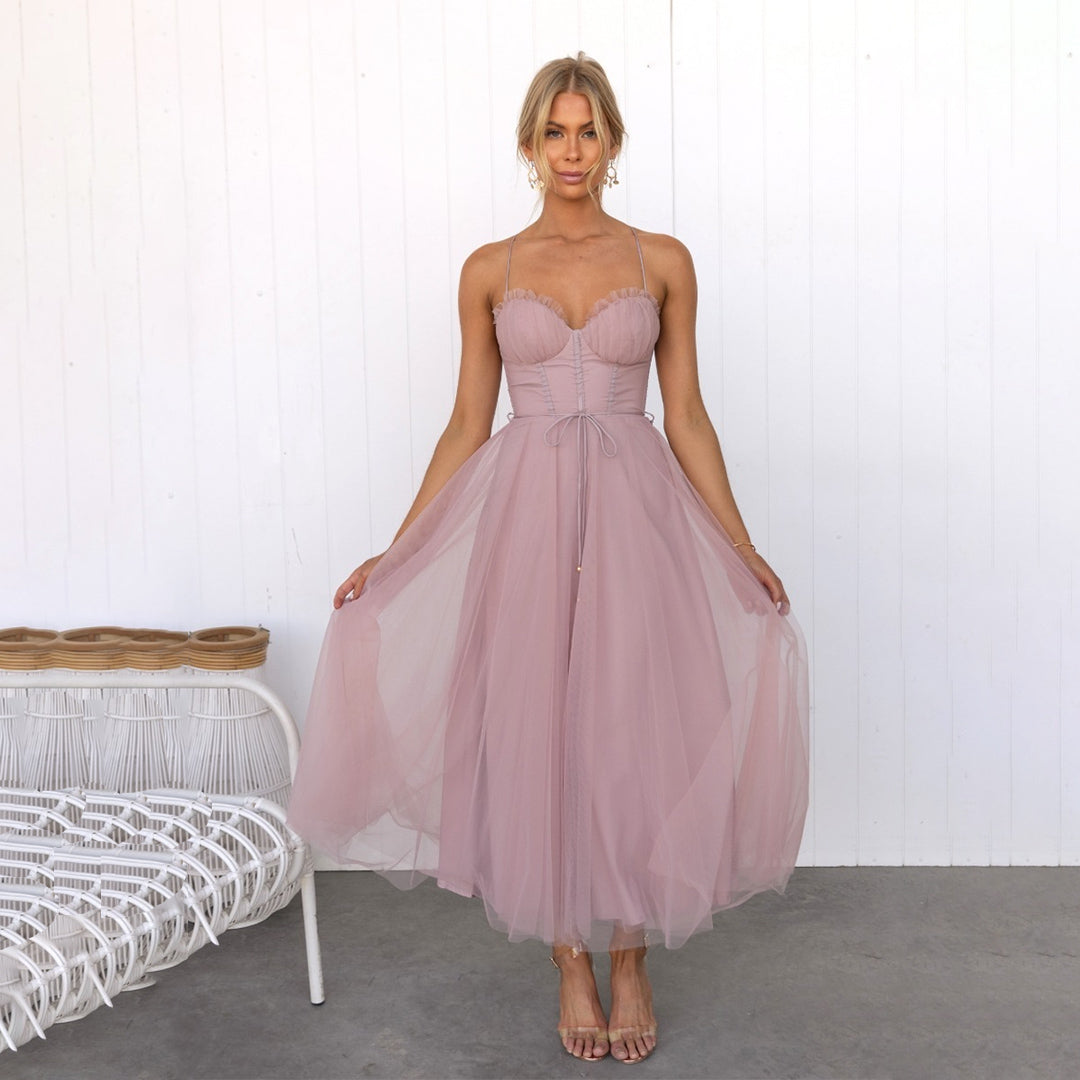 Damen Maxikleid Schulterfrei Netzdesign Sommerkleid