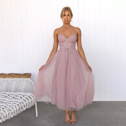 Damen Maxikleid Schulterfrei Netzdesign Sommerkleid