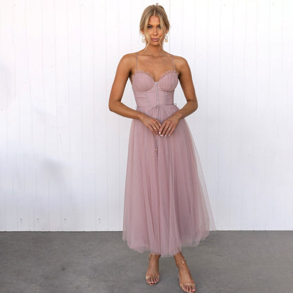 Damen Maxikleid Schulterfrei Netzdesign Sommerkleid