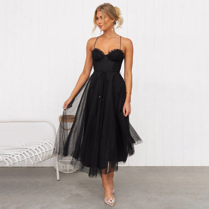Damen Maxikleid Schulterfrei Netzdesign Sommerkleid