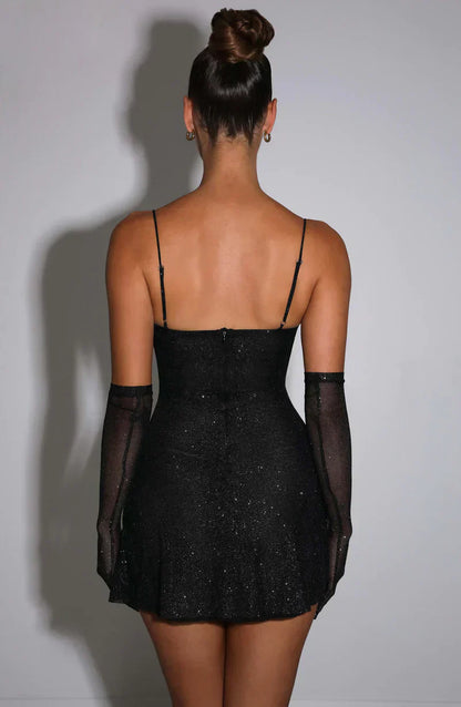 Glitzerndes Partykleid Damen Mini mit Handschuhen